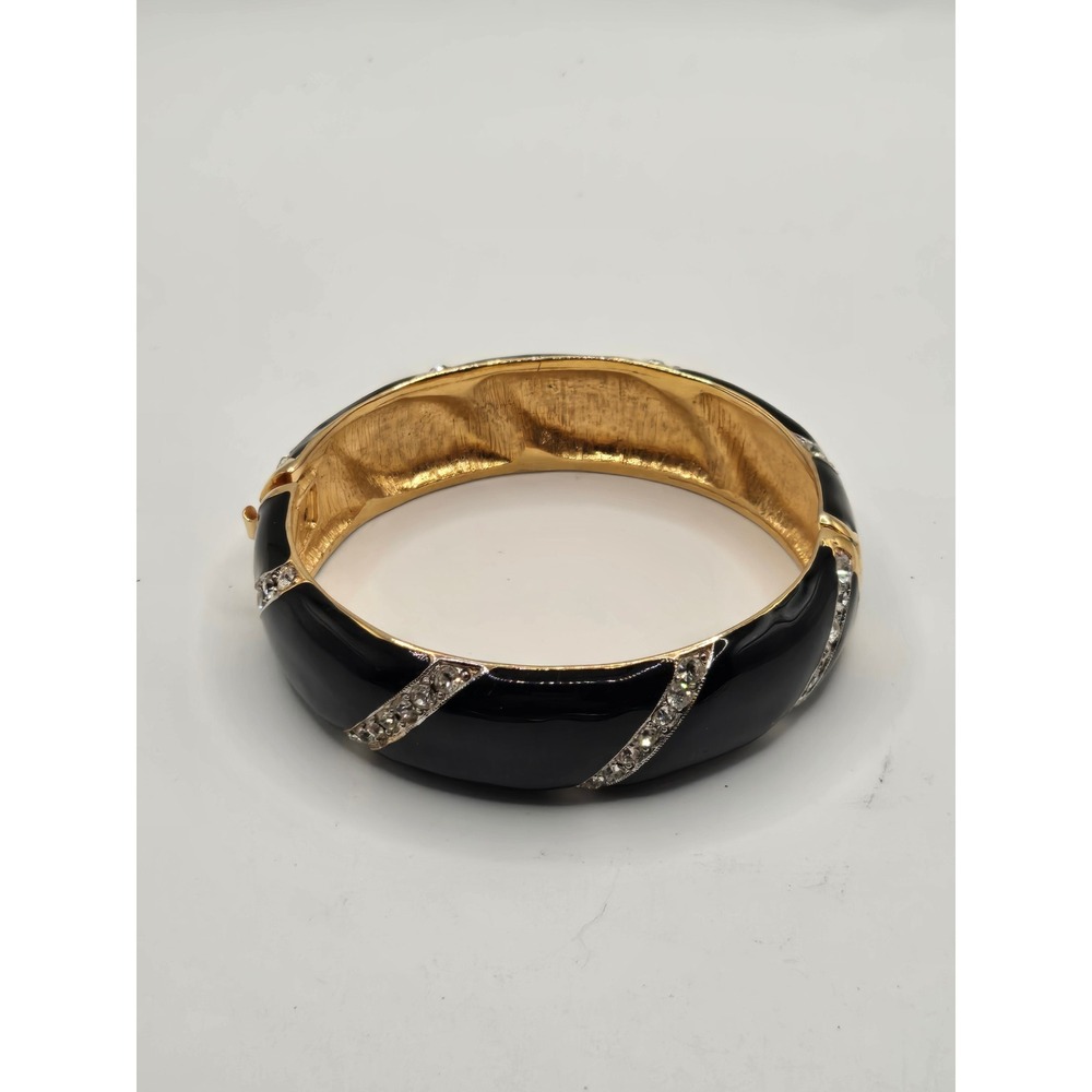 Vintage Black Enamel Gold Tone Rhinestone Hinged Bangle Bracelet 6.25"